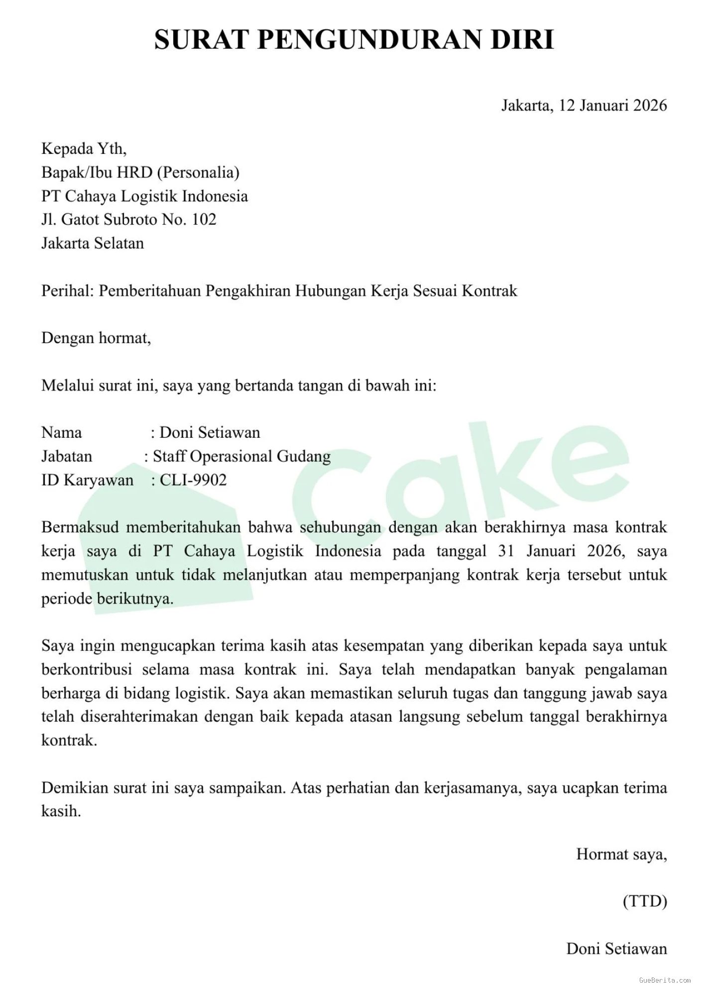 Photo by cake.me - Contoh Format Surat Pengunduran Diri Tanpa Masuk Kerja Lagi One Month Notice