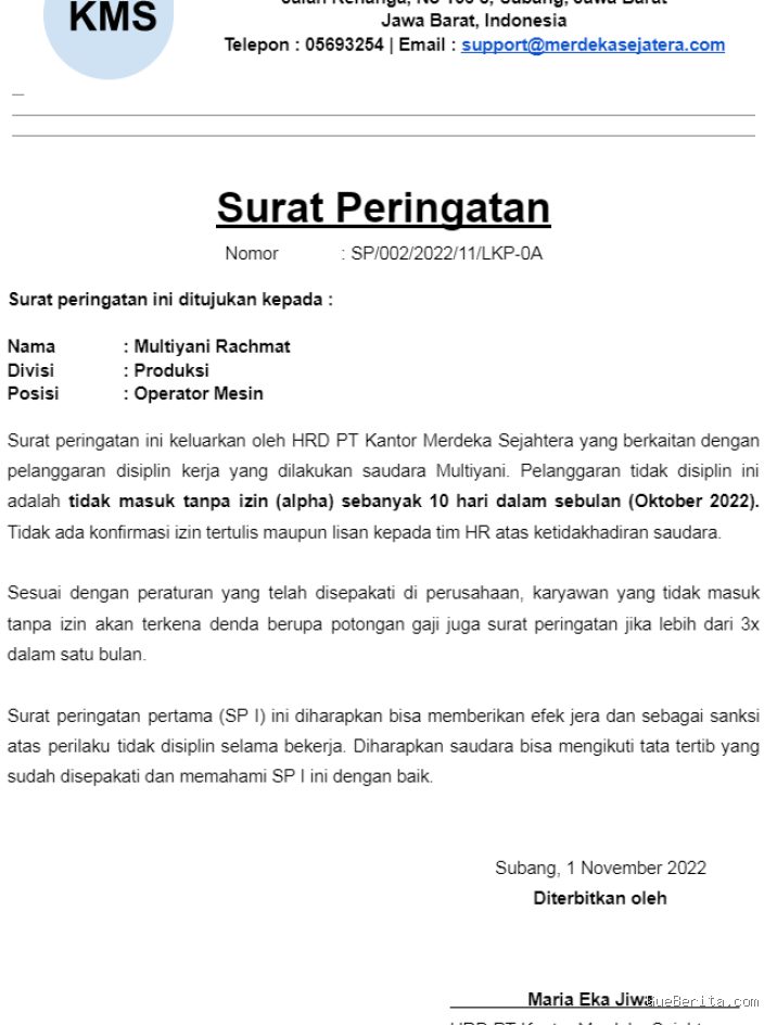 Photo by kantorku.id - Penyebab Karyawan Terkena Surat Peringatan SP 1 dan Cara Memperbaikinya